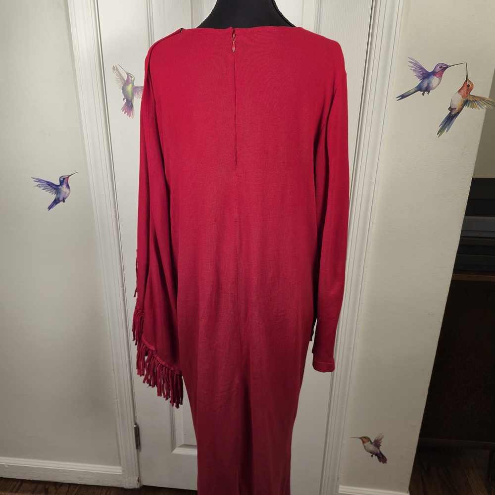 Tribeca Studio Plus Size 1XLWP Red Fringe Maxi Sweater Dress Boho Knit V-Neck - Picture 5 of 6